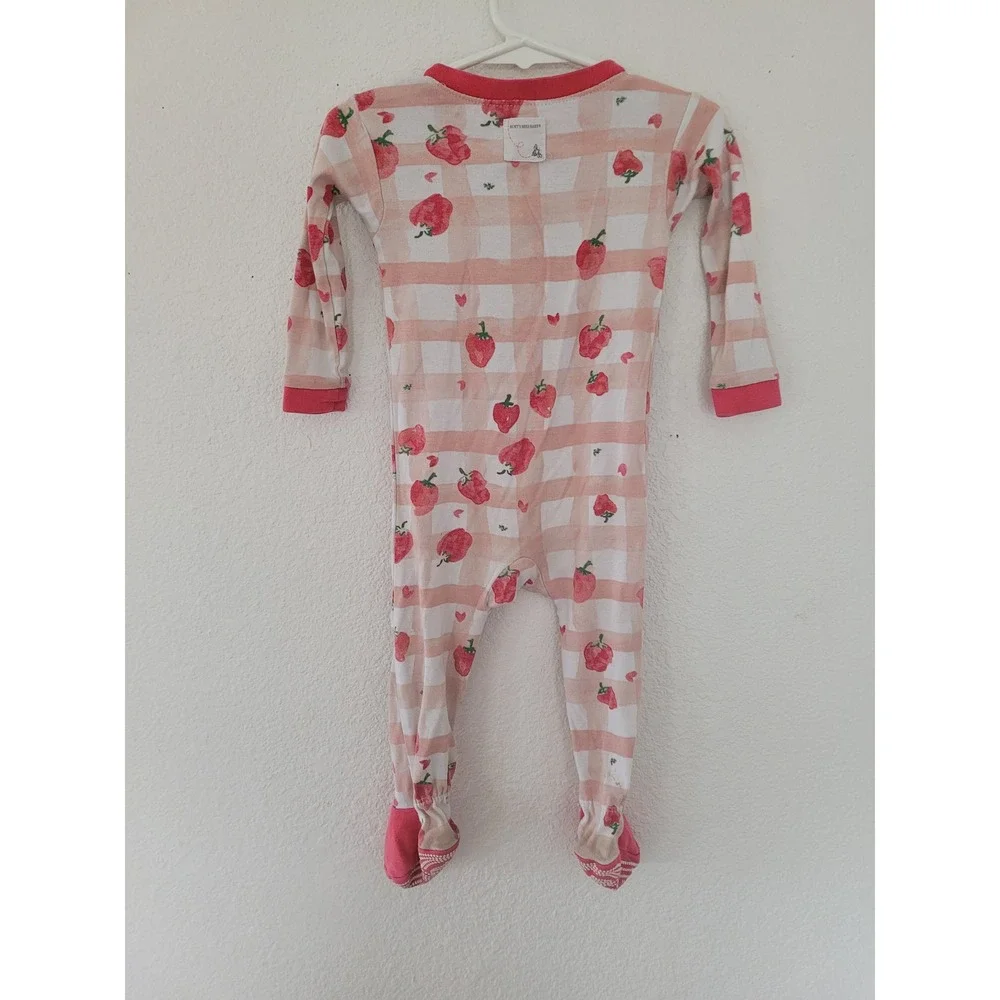 Burt's Bees Baby 12M Strawberry Gingham Organic Cotton Footed Pajamas Pink #2